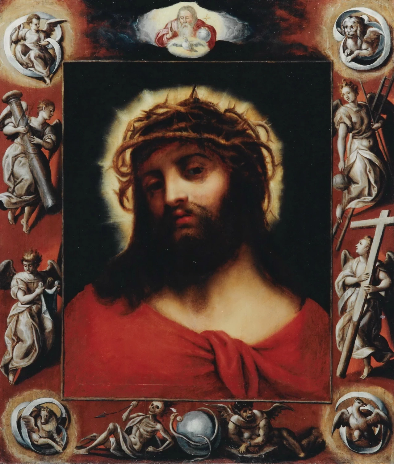 Cristo coronato di spine e alla cornice i simboli della passione - cornice di Gijllis Mostaert
